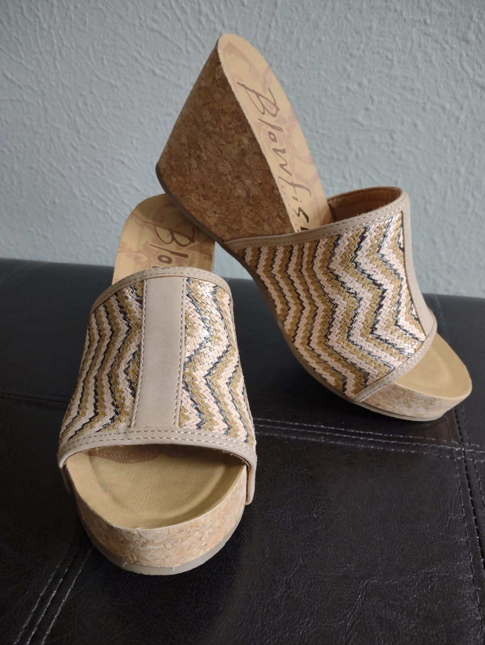 Blowfish Malibu Women’s Size 8 Cork Wedge Sandals Woven Chevron Boho Slides NWOT